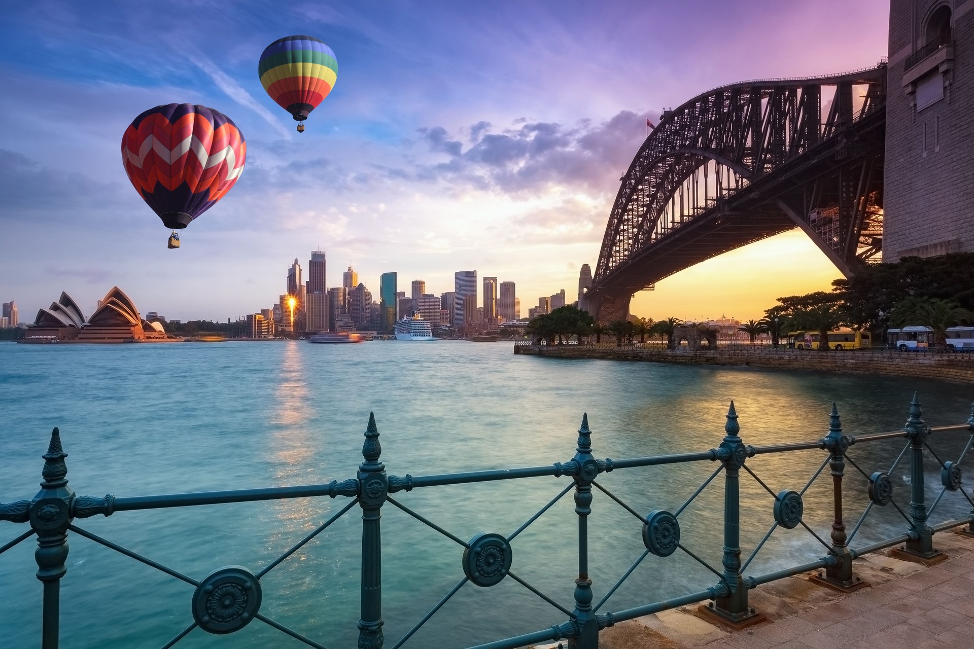 Hot air balloon over Sydney bay in evening, Sydney, Australia